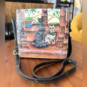 Sharif Leather Egyptian Cat Painted Crossbody Bag